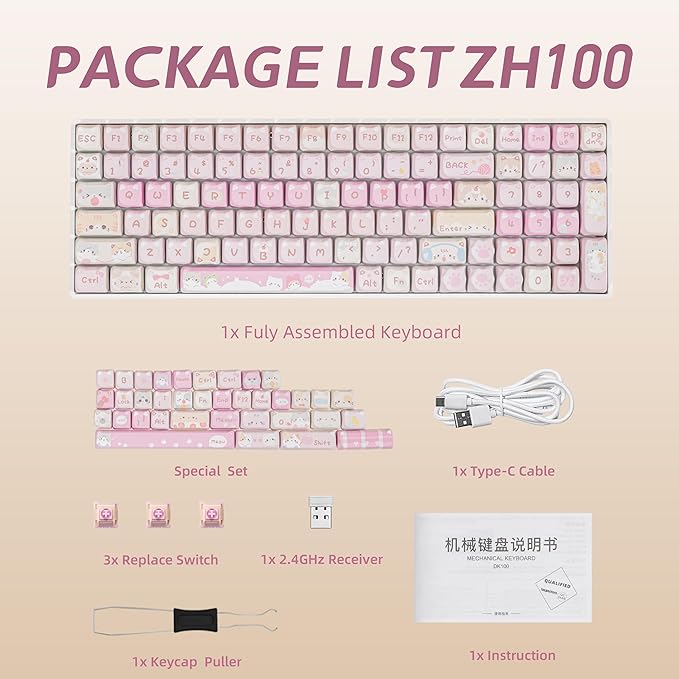 ZORNHER ZH100 Wireless Cat Mechanical Keyboard,98% Pink Cute Creamy Keyboard with Number Pad,Full Size Hot-Swappable Kitty Gaming Keyboard,Meow Meow Squad Keycaps,Clicky Blue Switches,RGB Backlit