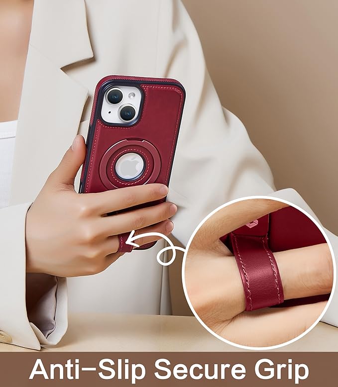 Butaiga for iPhone 14 /iPhone 13 Leather Case with Stand, Anti-Slip Grip Ring, Fits for MagSafe (Burgundy, iPhone 14/13)