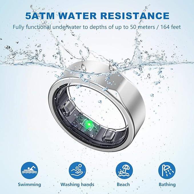 Smart Ring for Women Men, Titanium Fitness Ring with Heart Rate, Stress & Sleep Monitoring,Step & Calorie Counter, 5ATM Waterproof for iPhone and Android,No Subscription Fee(Silver, 12)