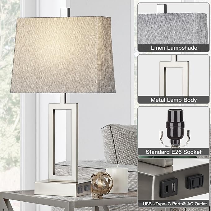 Rinweey 23.5" Touch Control Table Lamps Set of 2, Modern Silver Bedside Lamps with USB A+C Ports & AC Outlet, 3 Way Dimmable Contemporary Nightstand Lamps for Bedroom Living Room(2 LED Bulb Included)