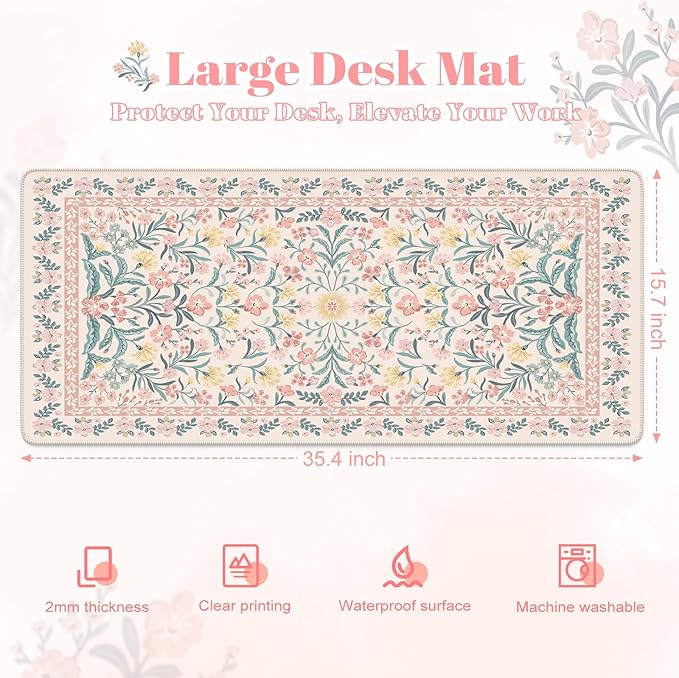 HAOCOO Desk Matt for Desktop, Cute Desktop Pad for Keyboard and Mouse,Non-Slip Pink Keyboard Mat for Computer, Floral Mouse Pad with Stitched Edge, Large Mouse Pad for Office Aesthetics