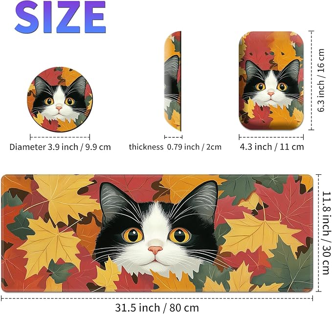 Large Mouse Pad Set, Desk Mat + Elbow Rest Pad + Coaster, Easy Typing Pain Relief, Ergonomic Arm Rest Pad with Memory Foam, Extended Desk Pad Anti-Slip Rubber Base for Office Home, Autumn Cat