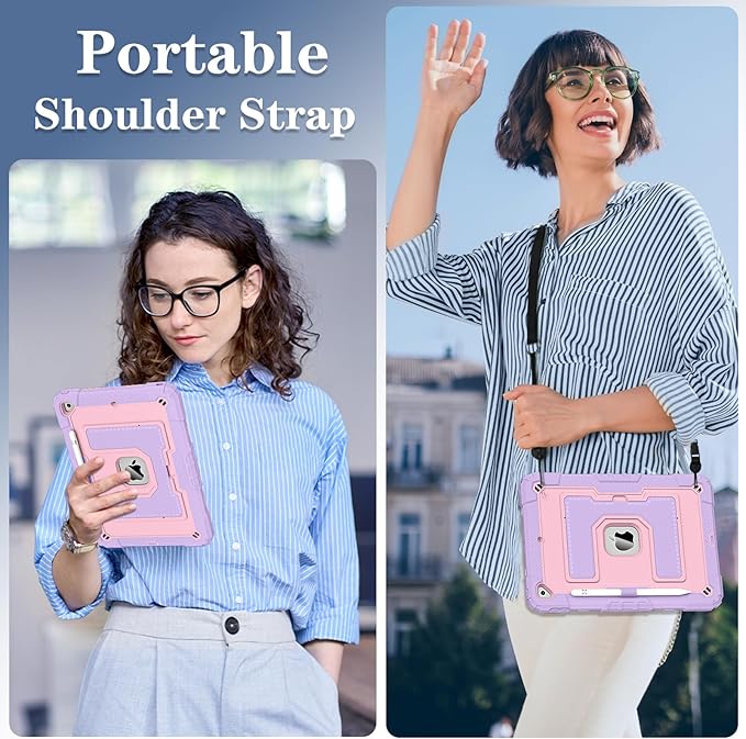 Kids Friendly Case for Apple iPad 10.2" 9th 8th 7th Generation 2021/2020/2019 Case with Pencil Holder & Shoulder Strap, Military Grade Shockproof Kickstand Hard Shell Protective Cover,Pink+Purple