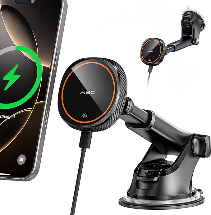 APPS2Car Magnetic Car Phone Mount - Designed Only for MagSafe iPhone 17-12 Series, Orange/Black Data Cable (Random)
