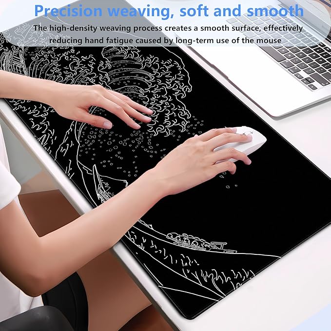 Japanese Great Wave Off Kanagawa Gaming Mouse Pad - XL Extended Ukiyo-e Art Desk Mat, Non-Slip Waterproof Rubber Base & Stitched Edges, 31.5 x 15.7 Inch Large Computer Mousepad