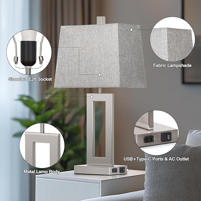 Cinkeda Touch Control Table Lamp Set of 2, Modern Silver Bedside Lamps with USB C+A Ports & AC Outlet, 3 Way Dimmable Bedroom Lamps for Night Stands Bedroom Living Room,Nightstand Lamp