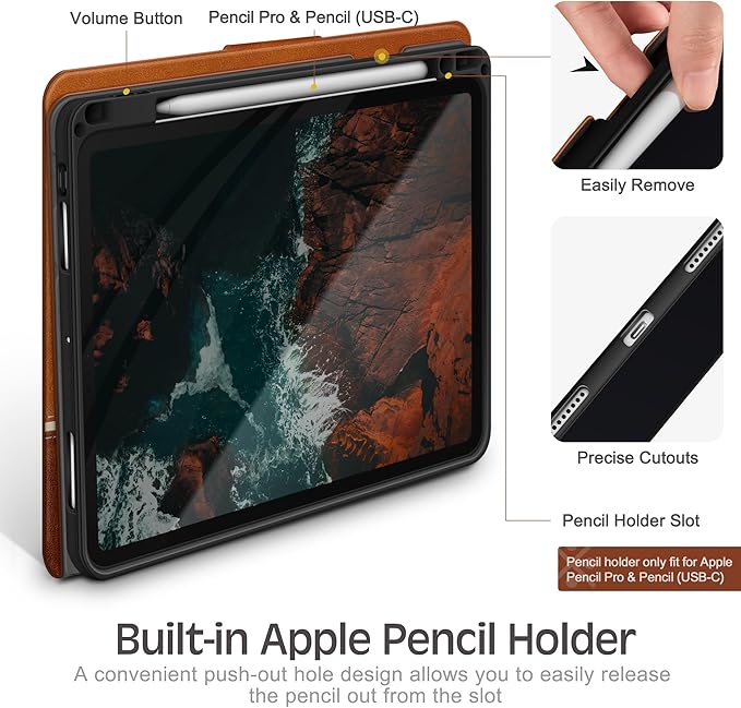 KingBlanc Case for iPad Pro 11 inch (M5 2025/M4 2024) with Pencil Holder, Vegan Leather Smart Stand Cover, Auto Sleep Wake, Support Pencil Pro/(USB-C), Viewing/Typing Angle, Durable Protection, Brown