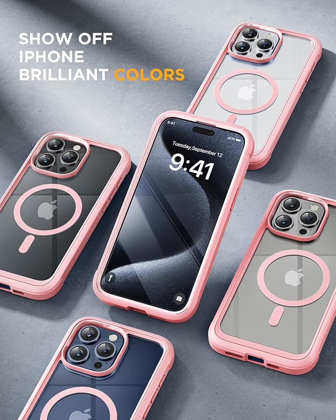 Miracase Magnetic for iPhone 15 Pro Case [Compatible with MagSafe] Full-Body Phone case with Built-in Glass Screen Protector& Camera Protector, Military Drop Proof 15 Pro Cover, Magnetic Pink