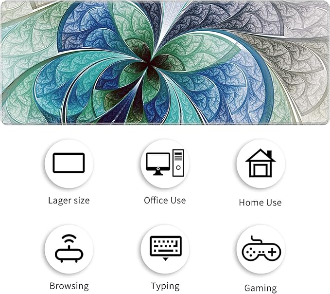 Large Gaming Mouse Pad Office Extended XL Mousepad Non-Slip Soft Keyboard Mouse Mat Home Desktop Writing Pad (31.5"×11.8") with Blue Fractal Flower Design + Cup Coaster and Cute Stickers