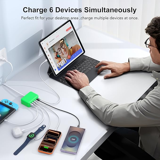 [2026 Updated] USB C Fast Charger, 100W GaN 6 Port Type C Charging Station Hub Block Cube, USB C Wall Charger Power Strip Adapter Plug for iPad iPhone 17 16 15 14 Pro Max Pixel Note Galaxy, 5ft Cord