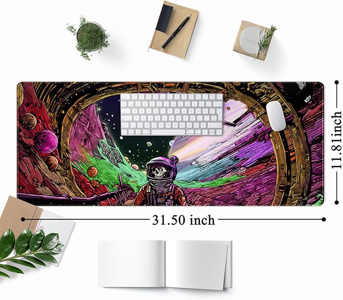 Strange Planet Desk Mat Space Scene Large Gaming Mouse Pad Extended Anime Vibrant Colors Desk Pad Futuristic Spaceship Mousepad XL Cosmic Adventure Skeleton Keyboard Mouse Mat 31.5"x11.8"