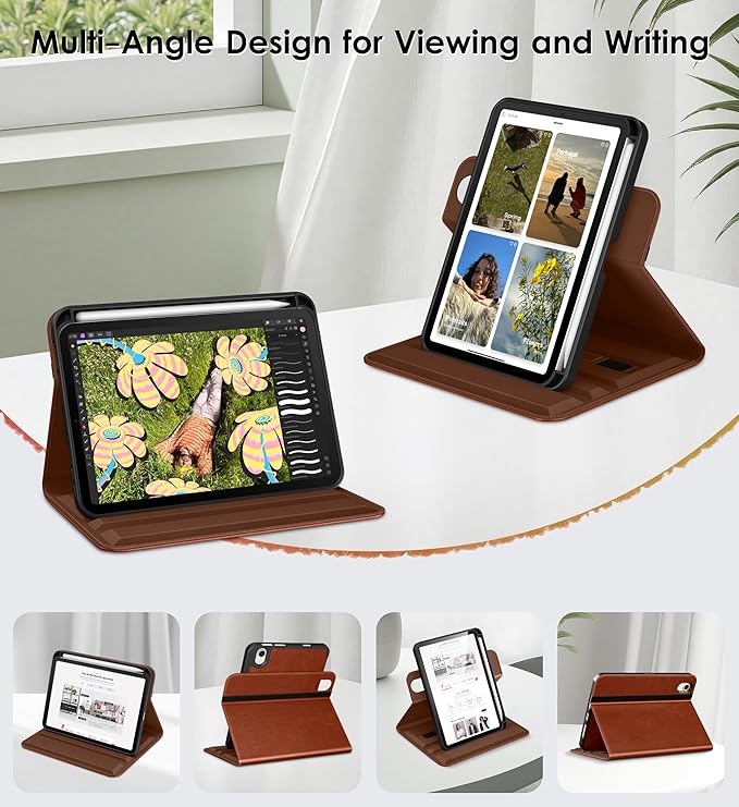 DTTO for iPad mini 7 (A17 Pro) Case, iPad mini 7th / 6th Generation Case (2024/2021), 360 Degree Rotating Premium Leather Folio Stand Cover with Pencil Holder, Brown
