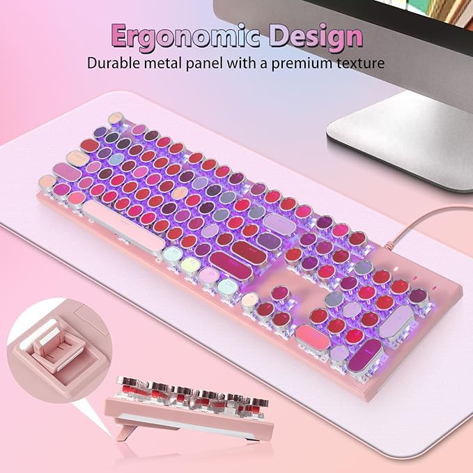 HUO JI Typewriter Mechanical Gaming Keyboard with RGB Sidelit and Purple LED Backlit, Retro Style, Red Switches, Metal Panel, Lipstick 104 Keys for Mac, PC, Cute Pink