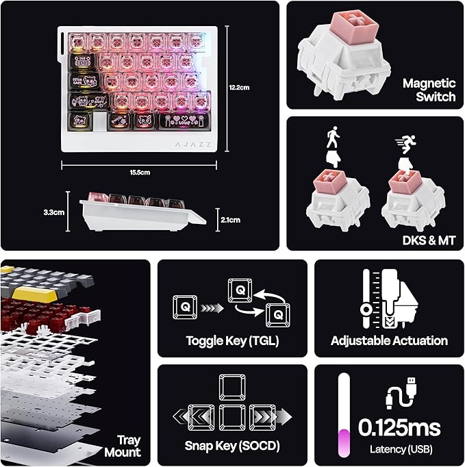 MechLands AJAZZ AK029 One Handed Gaming Keyboard, 8Khz Polling, 29 Keys Rapid Fast Wired Keyboard, SOCD & DKS, Magnetic Switch, Adjustable Actuation, RGB Backlits, Aluminum Plate (Black Pink)