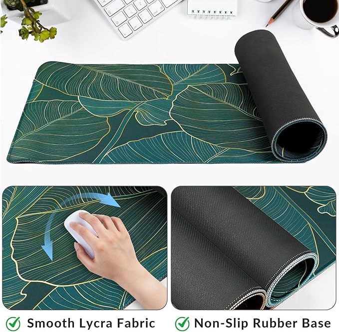 Large Gaming Mouse Pad with Coaster, Desk Matt for Desktop, Desk Pad, Mouse Pads Mat, Stitched Edges Big Extended Mousepad for Computer Keyboard Laptop Office Decor, 31.5'' x15.6''-Green Leaves2