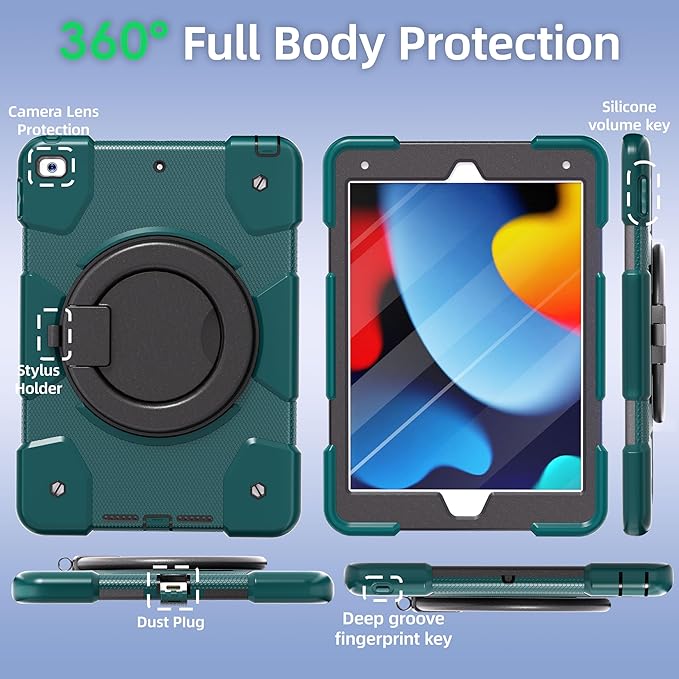Andnary Case for iPad 9th/8th/7th Generation 10.2 inch, Shockproof Cover with Screen Protector/360° Rotate Stand/Pencil Holder/Shoulder Strap, Kids Case for iPad 2021/2020/2019 (Dark Green+Black)