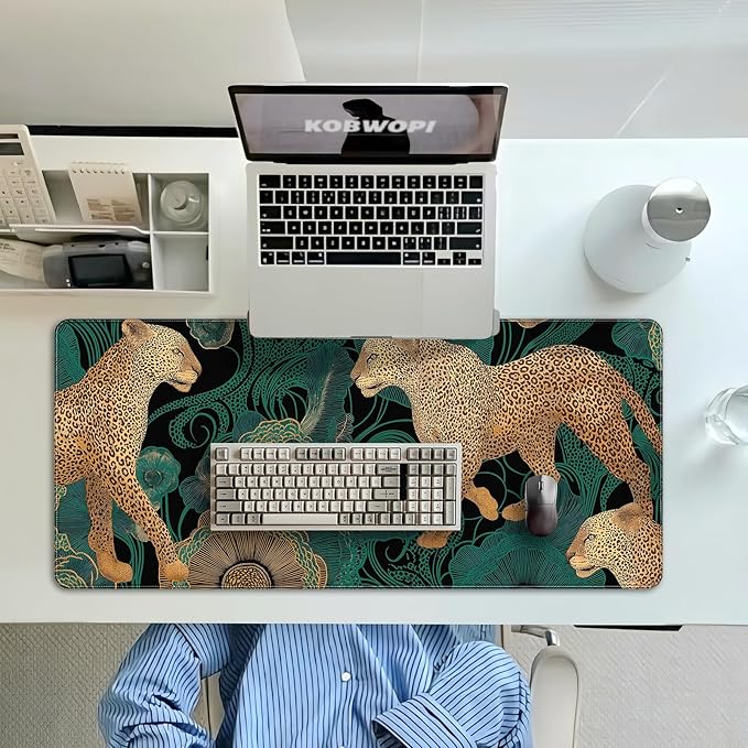 35.4 x 15.7 in, XXL Large Mouse Pad for Desk, Extended Keyboard Mouse Mat for Computer Office, Big Mouse pad with Stitched Edges, Gaming Pc-Leopards on Tropica