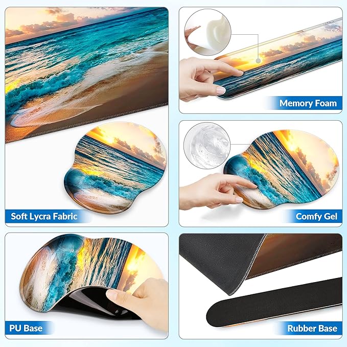 Desk Mat Set + Keyboard and Mouse Pad with Wrist Rest Support,4-in-1 Large Mousepad Computer Mats for Desktop Home & Office-Sunset Sea