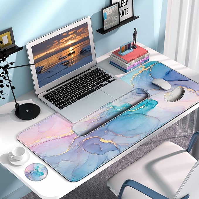 Keyboard Wrist Rest + Mouse Pad with Wrist Support + Desk Mat + Coaster 4 in 1 Set, XXL Large Gaming Mousepad Cute Ergonomic Mouse Pads for Desk Computer Laptop Office Decor-Blue Gold Marble