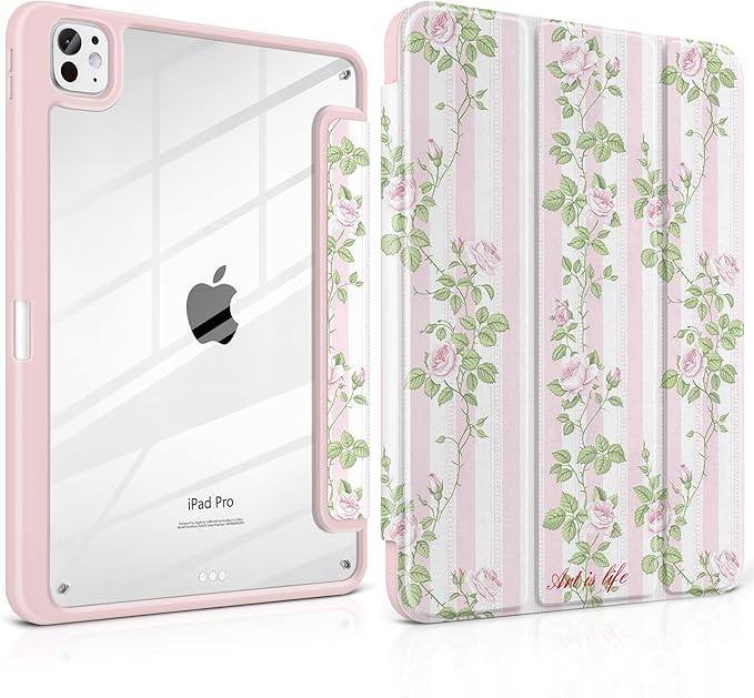 TWOLSKOO Case for iPad Pro 11-inch (M5 2025 / M4 2024), Clear Acrylic Back with TPU Bumper, Pencil Holder, Trifold Stand, Auto Sleep/Wake, Rose Vine