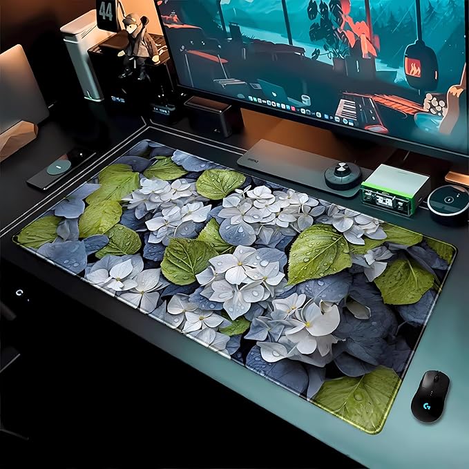 Large Desk Mat Hydrangea Floral Extended Gaming Mouse Pad, Keyboard Mouse Mat for Office & Home, Cottagecore Desk Pad XXL Computer Desktop Pad, Office Desk Accessories for Women 31.5×15.7 Inch