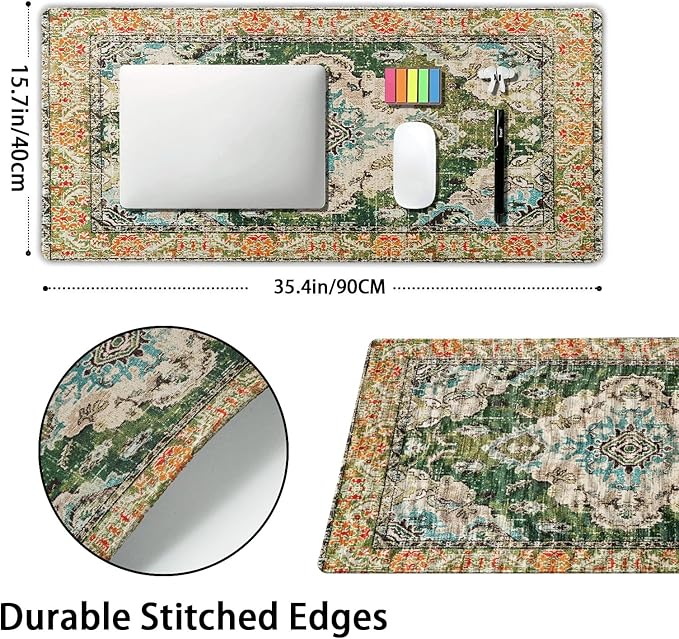 Vintage Rug Mouse Pad XXL Green Orange Retro Carpet Aesthetic Extended Table Mat 90X40 cm Non-Slip Rubber Base Stitched Edge Large Mousepad for Gaming Laptop Computer Desk Top 35.4×15.7 Inch