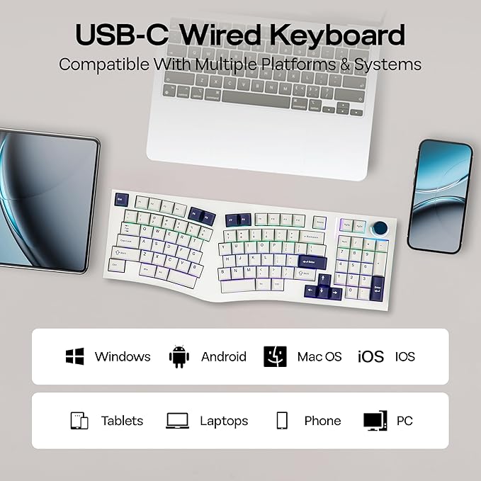MechLands Feker Alice98 Ergonomic 98 Keys Custom Mechanical Keyboard, VIA Programmable, USB-C Wired Gaming Keyboard, Hot Swappable, 5 Layer Paddings, Control Knob, NKRO, RGB for Win/Mac (White)