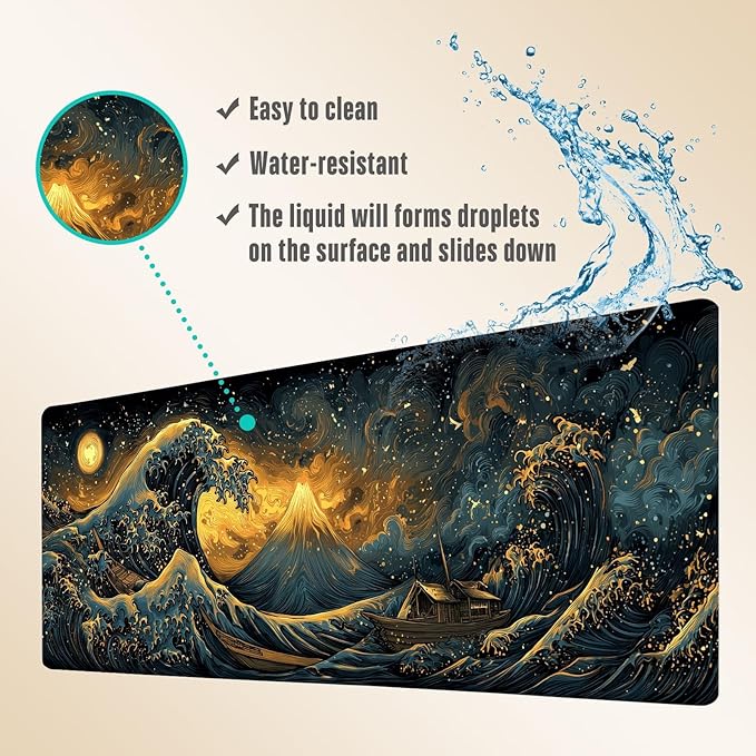 Extended Gaming Mouse Pad, Large Mouse Mat 3 mm Nature Rubber Base Mousepad with Stitched Edges, Non-Slip Desk Mat for Office Home Great Gift 31.5x11.8 Inch (Great Wave 2)