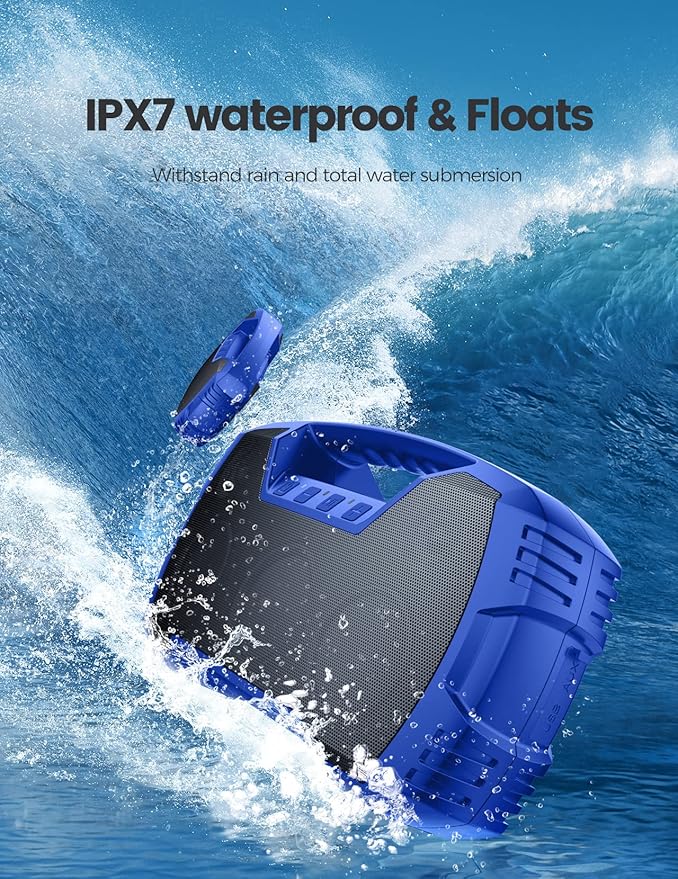 IPX7 Waterproof Outdoor Bluetooth Speaker, Wireless, 90W(Peak), 32H Playtime, Floating Design, Deep Bass & Loud Stereo Sound, Portable with Handle, Rugged for Pool, Beach, Kayaking, Hiking, Blue
