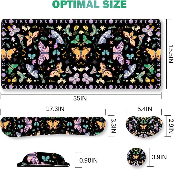 ARTSO Desk Mat Set, Black Butterfly Extended Gaming Mouse Pad with Wrist Rest Support +Keyboard Wrist Rest +Coaster, Large Cute Mousepad, Easy Typing and Pain Relief