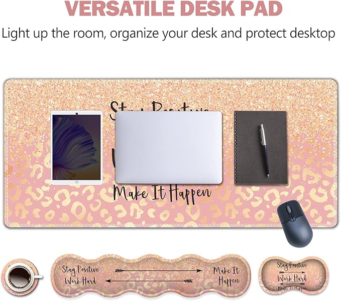 Extended Gaming Mouse Pad, Keyboard Wrist Rest Pad, Wrist Support Mousepad Set, Artso Large Rubber Base Stitched Edges Desk Pad (35 x15.5 in) for Work, Game, Office, Home, Pink Orange Stay Positive