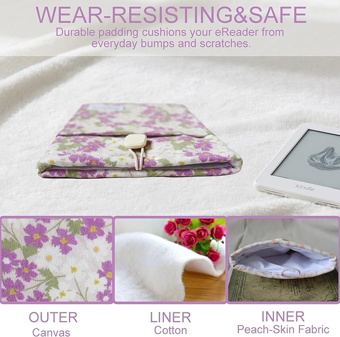 Padded eReader Sleeve Tablet Bag Pouch for eReader Paperwhite, Colorsoft,Signature Edition, Voyage,Scribe/Kobo eReader,Floral Book Protector for Paperbacks and Small Hardcovers(Purple, Small)