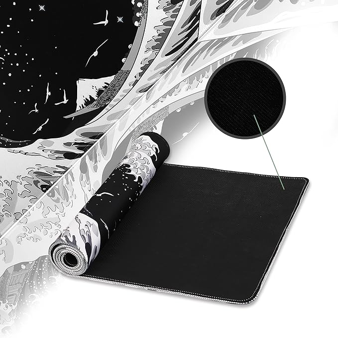 MEWOOCUE® Gaming Mouse Pad for Desk,Large Sea Wave Mousepad Laptop,Black White Japanese Anime Mouse Mat,Long XXL Waterproof Keyboard Pads,Big Non-Slip Mouse Pads for Game Office Home（35.4 x 15.7 in）