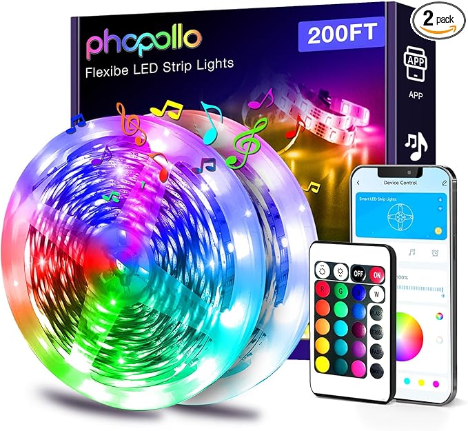 phopollo LED Lights for Bedroom 200ft, Music Sync Color Changing, Smart App Control with Remote, Ultra-Long LED Strip Lights for Party, Home Decoration.