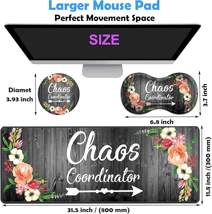 3 Piece Mouse Pad Set with Stitched Edge Large Anti-Slip Mouse Pad Desk Pad Keyboard Pad + Wrist Rest Pad + Coaster, Memory Foam Wrist Rest for Office/Home - Chaos Coordinator