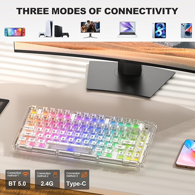 Transparent Mechanical Keyboard, RGB Backlit Wireless Creamy Gaming Keyboards, Hot Swap Customizable Clear Acrylic Design, 80-Key Quiet Linear Switches, 3 Modes BT5.0/2.4G/USB-C 4000mAh Battery, White