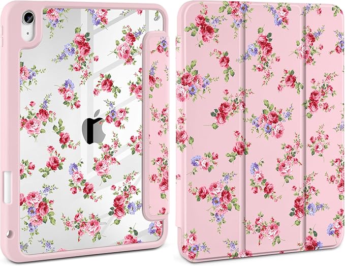 Case for iPad Air 11 inch M4 2026 M3 2025 M2 2024,iPad Air 5th (2022) / 4th (2020) 10.9 Inch Clear Back Shell Shockproof TPU Edge Trifold Stand Auto Wake Sleep Cute Cover, Elegant Rose
