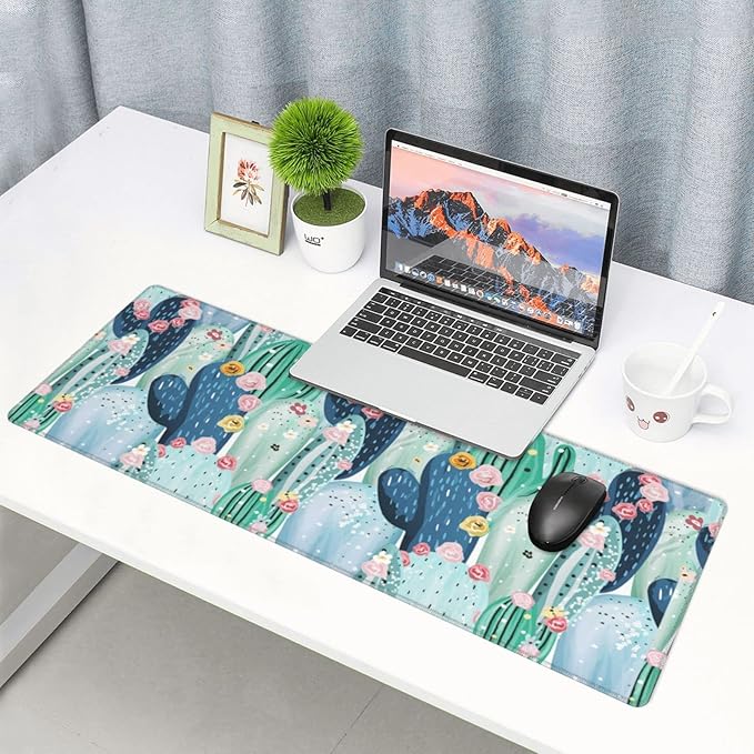 Cute Cactus Large Mouse Pad Desk Mat, Big Extended Funny Gifts XL Gaming Mousepad with Stitched Edges for Writing, Table, Long Extended Desk Pad for Women Girls Office Decor Watercolor 31.5*11.8 Inch