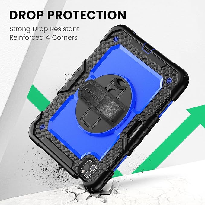 SEYMAC Case for iPad Pro 11 Case 4th/ 3rd/ 2nd/ 1st Gen (2022/2021/2020/2018), Full-Body Shockproof Protective Case with Screen Protector, 360° Rotating Stand and Hand/Shoulder Strap, Blue