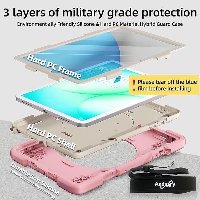 Andnary Case for Samsung Galaxy Tab A11+ Plus/A9+ 11 Inch 2025/2023, Tablet Case for Samsung Galaxy A9 Plus/A11+ with Screen Protector/360° Rotating Stand/Pen Holder/Shoulder Strap (Pink)