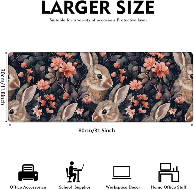 Graceful Bunny Gaming Mouse Pad, Large Cute Rabbit and Floral Desk Mat for Laptop Keyboard Computer, Non-Slip Rubber Base Desktop Extended Mousepad for Office Home Accessories 31.5"×11.8"