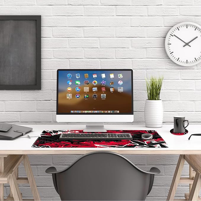 AIMSA Extended Gaming Mouse Pad Desk Mat, Large Mousepad with Stitched Edges (35x15.7 in), Keyboard Mouse Mat Stable Rubber Base Desk Pad for Work, Game, Red Black