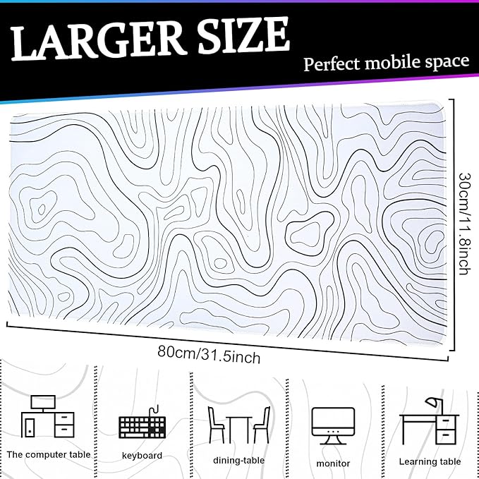 Mouse Pad Gaming Mousepad, 31.5 x 11.8in Large Desk Mat Keyboard Pads Extend Long XL Mouse Mat with Non-Slip Base Desk Accessories for Home Office Keyboard Mouse (White Topographic)