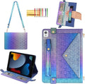 Shiny Case for iPad 6th/5th Gen 9.7 Inch (2018/2017), iPad Pro 9.7"/Air 2, Techcircle Crossbody Iridescent Folio Stand Multi-Pocket Wallet Case with Pencil Holder+Hand/Shoulder Strap, Shiny Indigo