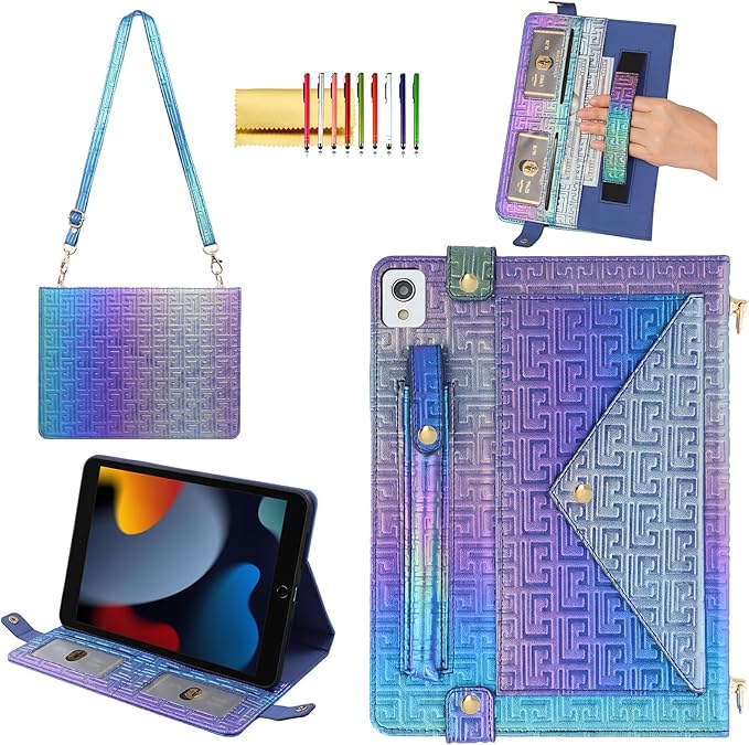 Shiny Case for iPad 6th/5th Gen 9.7 Inch (2018/2017), iPad Pro 9.7"/Air 2, Techcircle Crossbody Iridescent Folio Stand Multi-Pocket Wallet Case with Pencil Holder+Hand/Shoulder Strap, Shiny Indigo