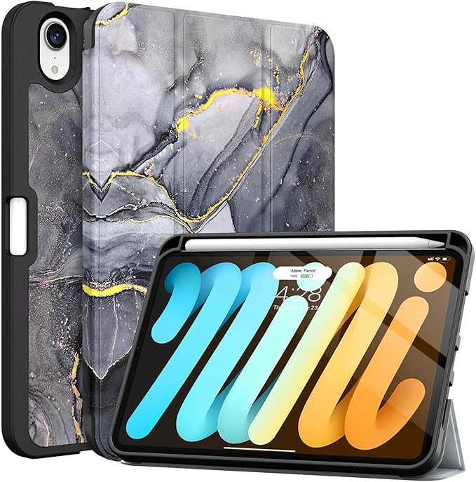 Soke Case for iPad mini 7(A17 Pro) 2024/iPad Mini 6 2021 8.3 inch with Pencil Holder-[Pencil Charging + Auto Wake/Sleep], Soft TPU Back Cover for iPad mini 7th/6th Generation(Black Marble)