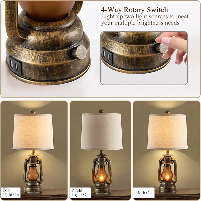 Set of 2 Farmhouse Lantern Table Lamps for Living Room with 2 USB Charging Ports, Rustic Vintage Nightstand Lamps with Nightlight for Bedroom End Table Entryway, 4 Bulb Included