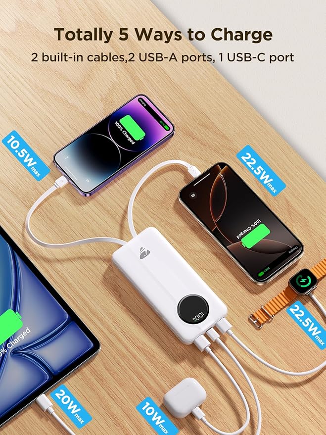 Aioneus Power Bank, 10000mAh Portable Charger with Built in Cables Fast Charging 22.5W USBC in/Out Travel PowerBank Battery Pack for iPhone 16 15 14 13 12 Samsung Galaxy S24 A15 Android Phone(1 Pack)