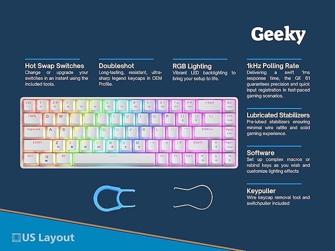 Geeky GK65 65% | Hot Swappable Mechanical Gaming Keyboard | 68 Keys Multi Color RGB LED Backlit for PC/Mac Gamer | ANSI US American Layout (White, Mechanical Black)