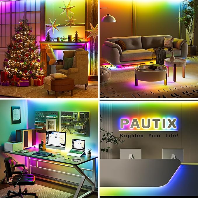 PAUTIX RGB Smart IC COB LED Strip Light USB 5V 6.56ft/2m,Work with Alexa/Google Assistant,Color Chasing UL-Listed Multicolor Flexible Tape LED Strip Light,for Cabinet,TV,Bedroom,Party DIY Decoration